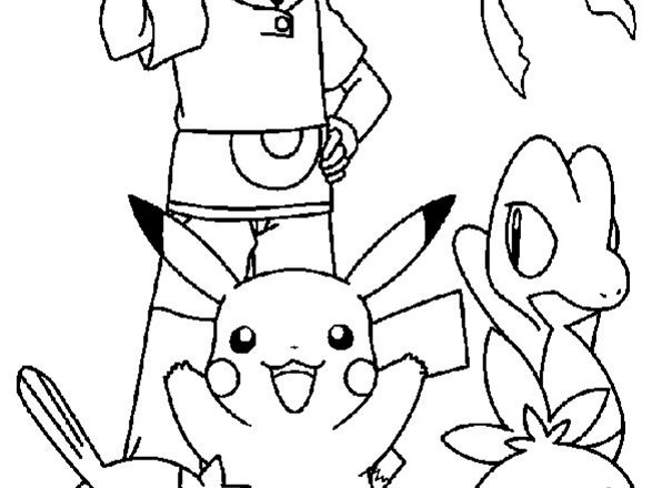 L’ allenatore Pokemon Ash e cinque Pokemon disegno