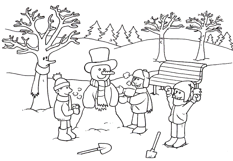 L’ inverno bambini fanno un pupazzo di neve disegno da colorare