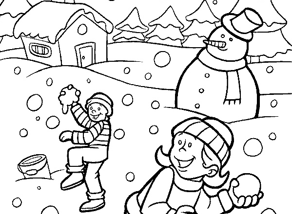 L’ inverno bambini giocano con la neve disegno da colorare gratis