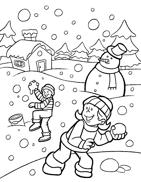 L’ inverno bambini giocano con la neve disegno da colorare gratis