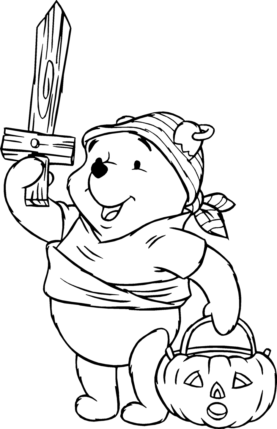 L’ orsetto Winnie The Pooh con spada di legno e zucca di Halloween da colorare