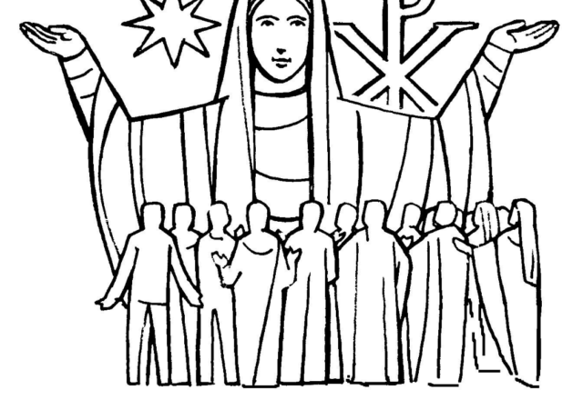 La Madonna e i fedeli disegno da stampare e da colorare
