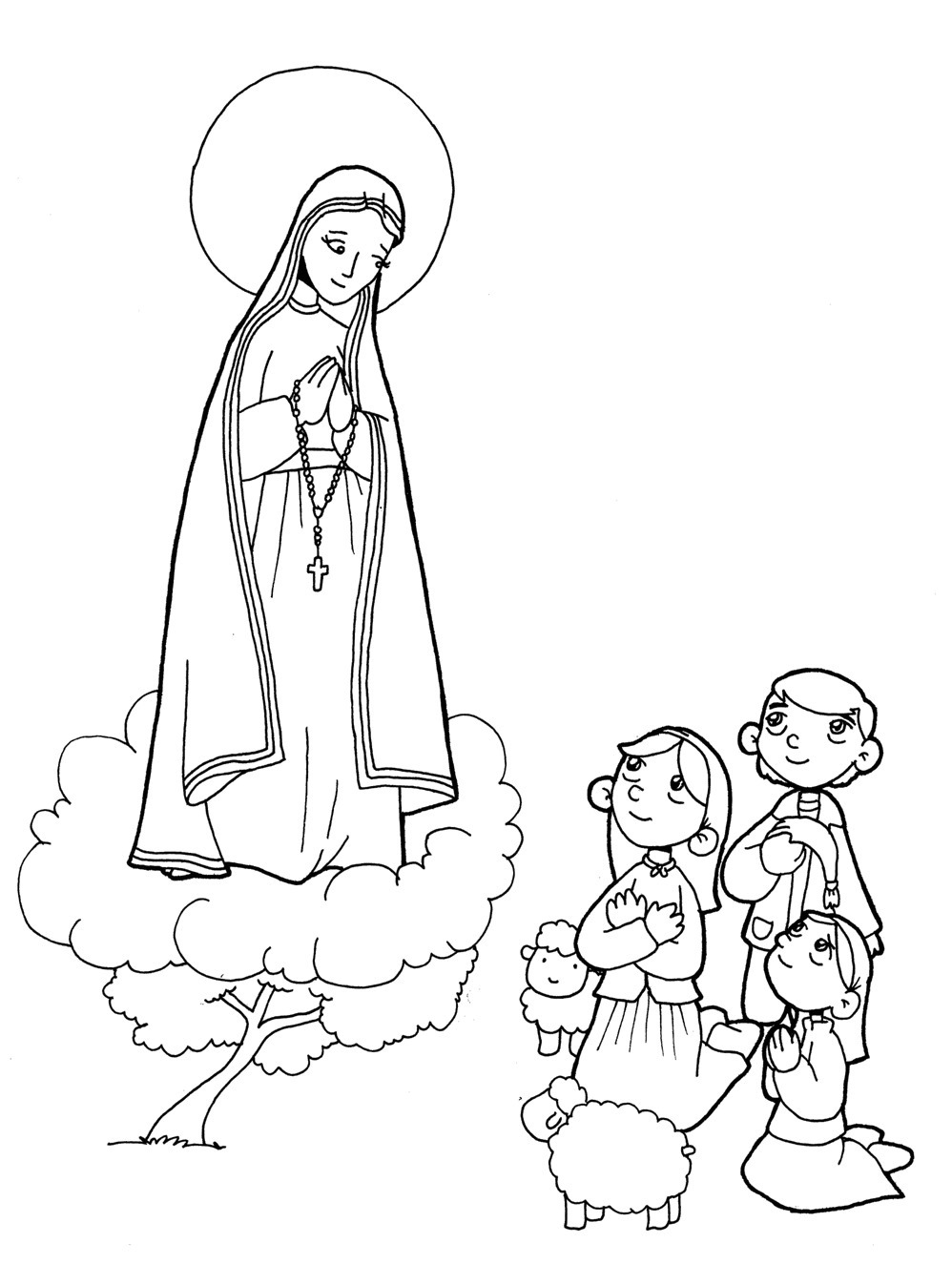 La Madonna prega assieme ai bambini disegno da colorare