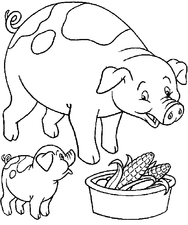 Maiali che mangiano pannocchie disegno da colorare per bambini