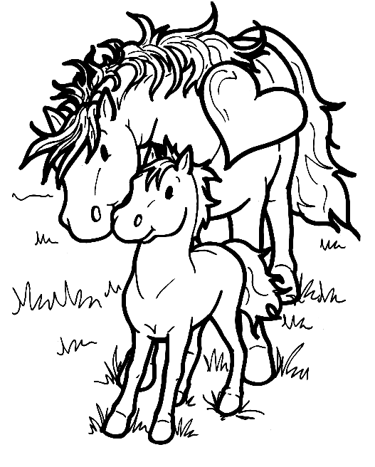 Mamma cavallo col suo piccolo disegno da colorare gratis