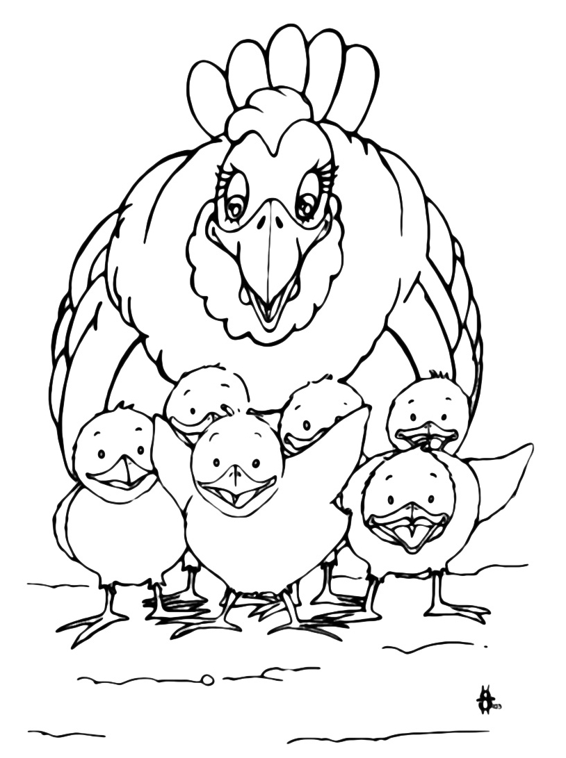 Mamma gallina coi cuoi pulcini disegno da colorare