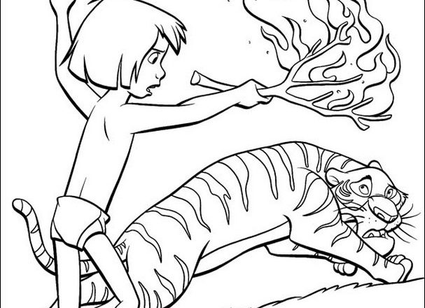 Mowgli allontana col fuoco la tigre cattiva da colorare