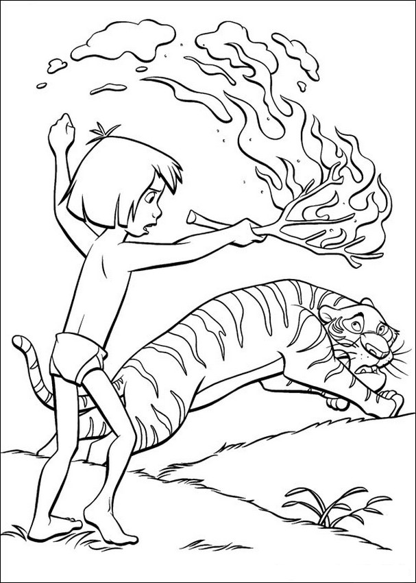 Mowgli allontana col fuoco la tigre cattiva da colorare