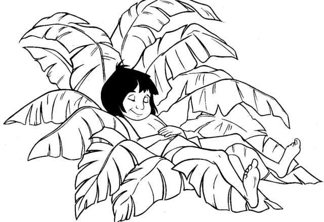 Mowgli che dorme tra le foglie da colorare