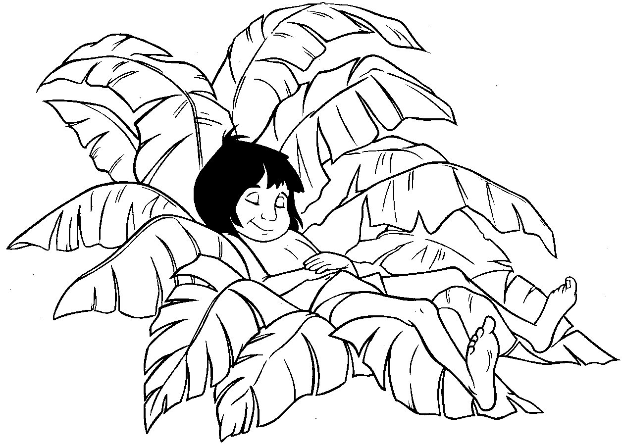 Mowgli che dorme tra le foglie da colorare
