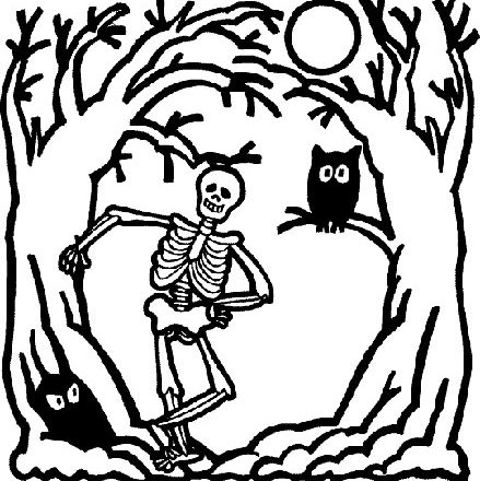 Nel bosco con lo scheletro e i gufi di Halloween disegno da colorare