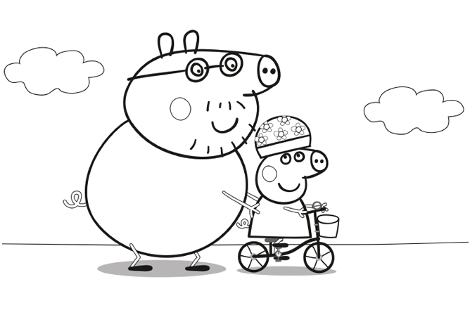 Papà Pig e Peppa Pig in bicicletta e casco disegno da colorare gratis