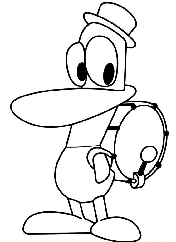 Pato amico di Pocoyo con il tamburo da stampare e colorare