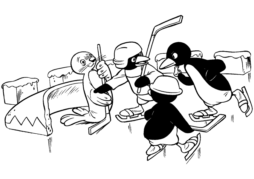 Pingu e i suoi amici giocano ad kockey disegni da colorare