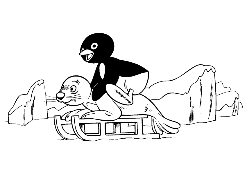 Pingu gioca col suo amico sullo slittino da colorare