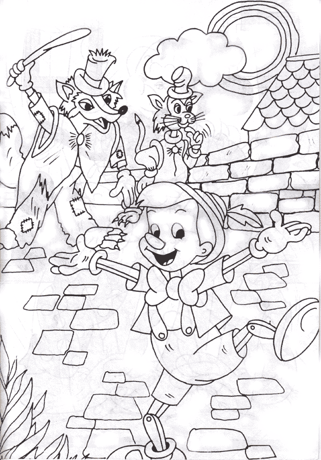 Pinocchio con il gatto e la volpe disegni da colorare gratis