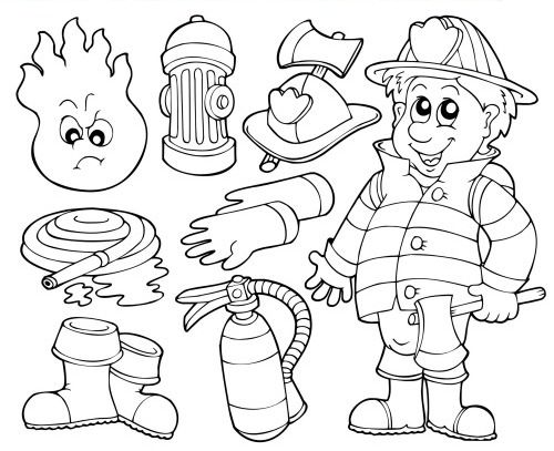 Pompiere e attrezzatura da colorare gratis