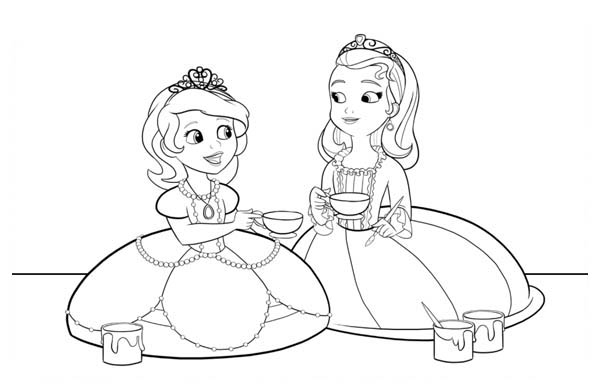 Principessa sofia e principessa amber bevono il te disegno da colorare gratis