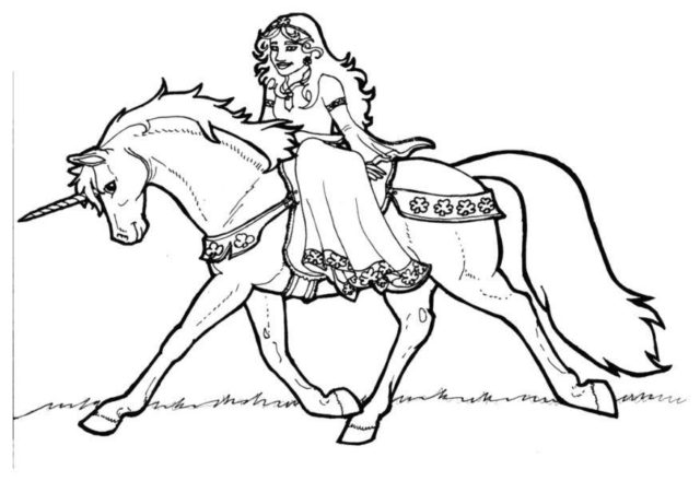 Principessa su unicorno disegno da stampare e da colorare gratis