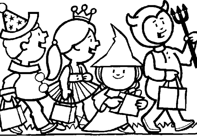 Quattro bambini vestiti per la festa di Halloween disegni gratis