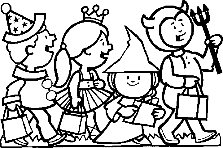 Quattro bambini vestiti per la festa di Halloween disegni gratis