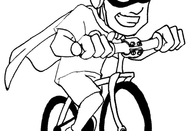 Ragazzo con maschera e casco sulla bici da colorare
