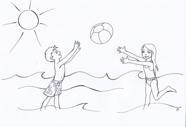 Ragazzo e ragazza giocano a palla al mare disegno da colorare