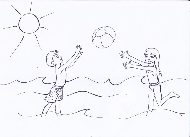 Ragazzo e ragazza giocano a palla al mare disegno da colorare