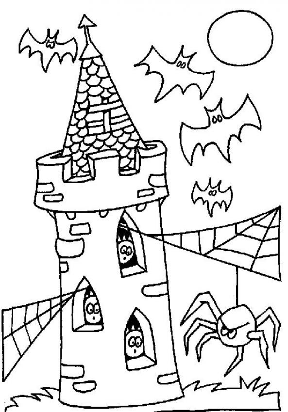 Ragni e pipistrelli nella torre disegno da colorare Halloween