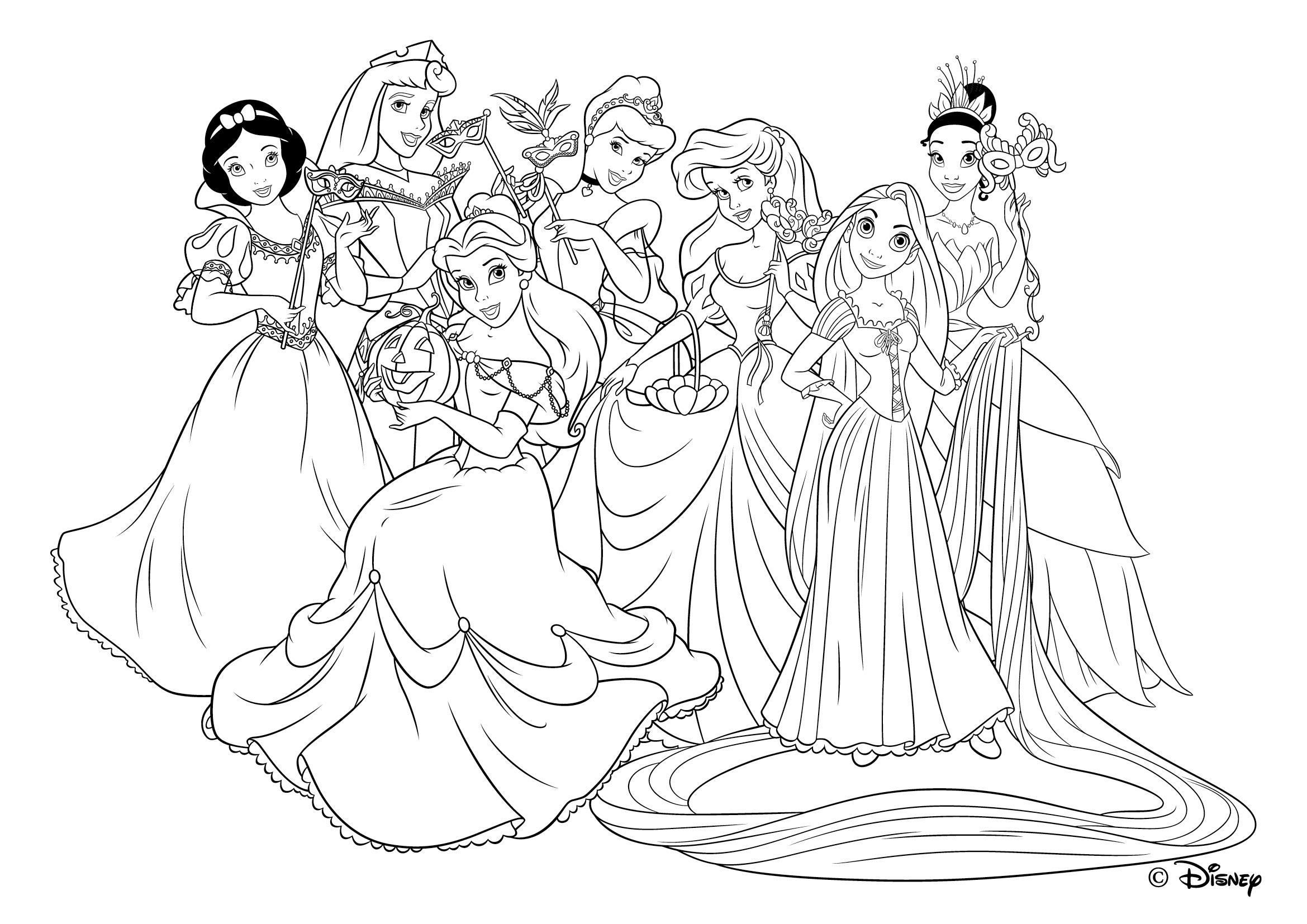 Rapunzel con le amiche principesse disegni da colorare gratis