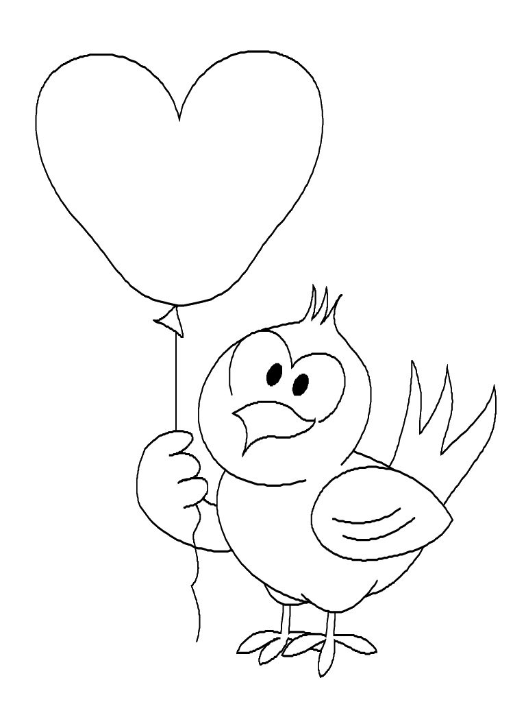 Simpatico uccellino con palloncino a forma di cuore da colorare
