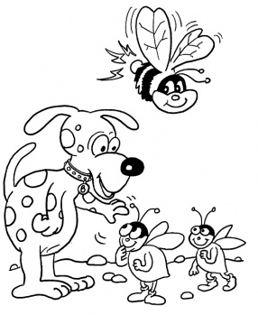Tre api parlano con un cane disegno da colorare gratis