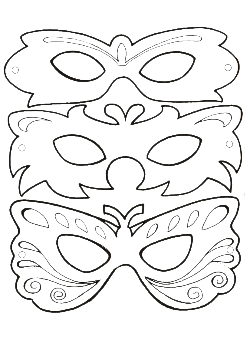 Tre maschere di Carnevale da colorare gratuitamente - disegni da