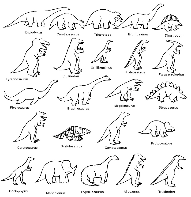 Tutti i tipi di dinosauri della preistoria da colorare