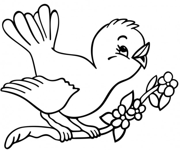 Uccellino che canta su ramoscello fiorito disegno da colorare gratis