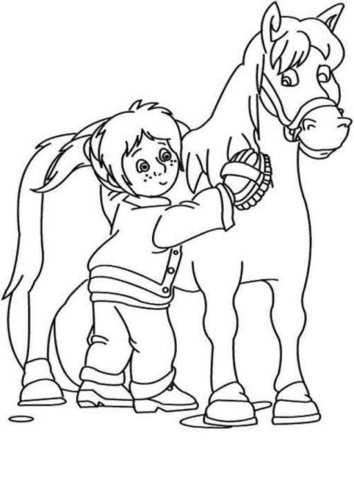 Un bimbo accudisce il suo cavallo disegno da colorare gratis