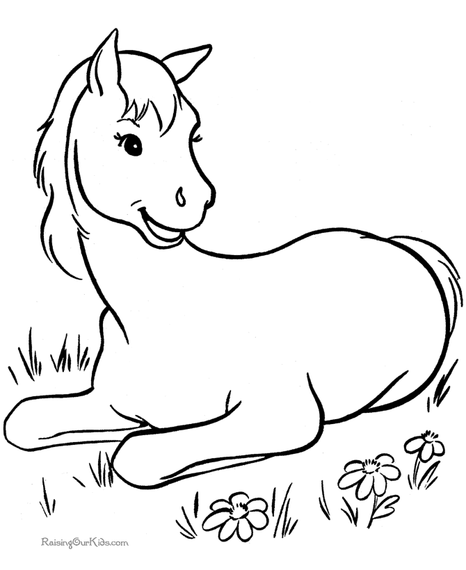 Un dolce cavallo seduto nel prato fiorito da colorare