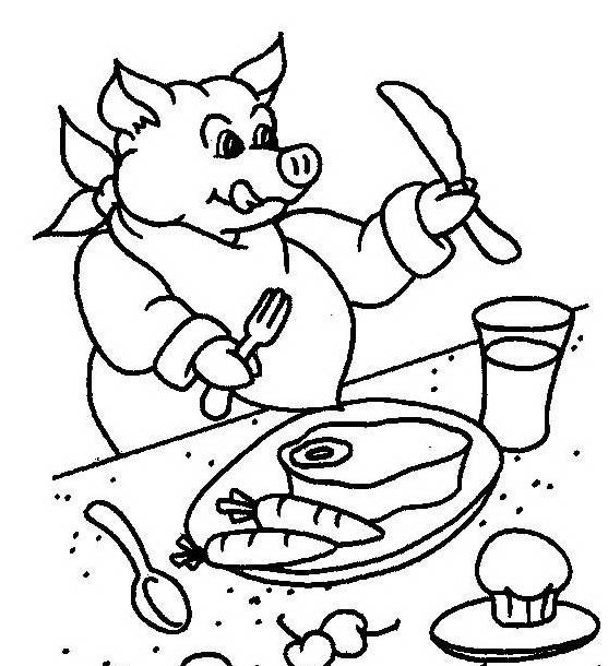 Un maiale che cena a tavola disegno da colorare