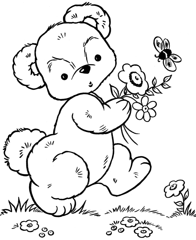 Un orsetto gioca con un ape da colorare per bambini