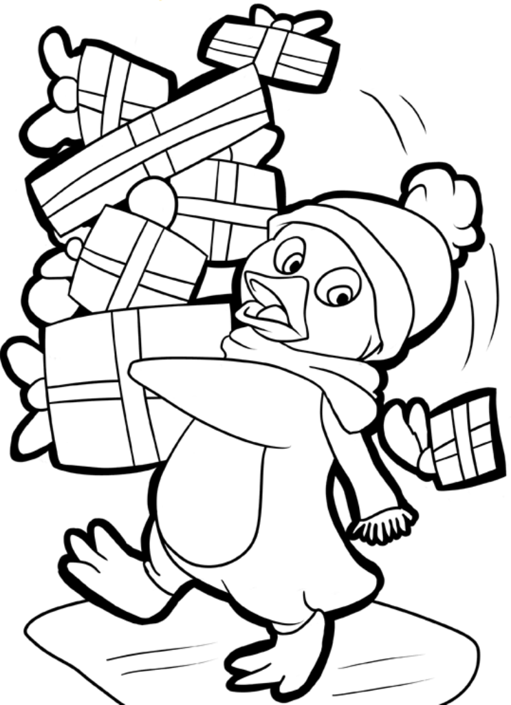 Un pinguino e i pacchi regalo disegni da colorare