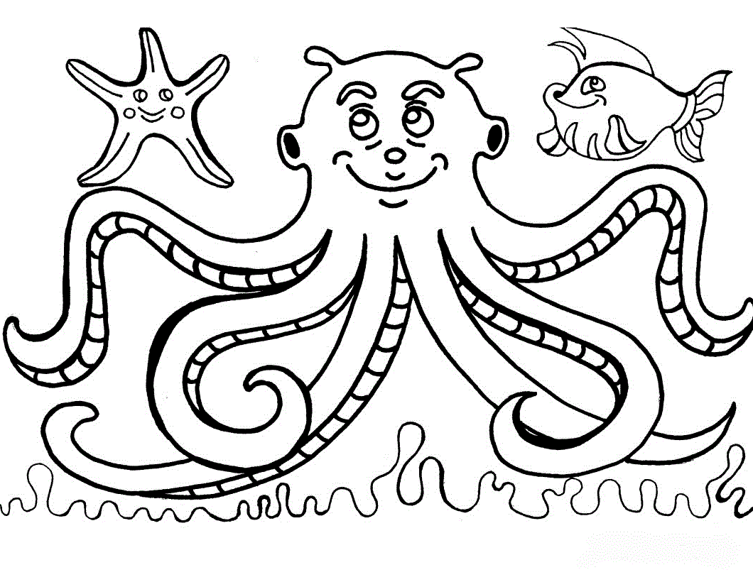 Un polipo e dei pesciolini disegni da colorare