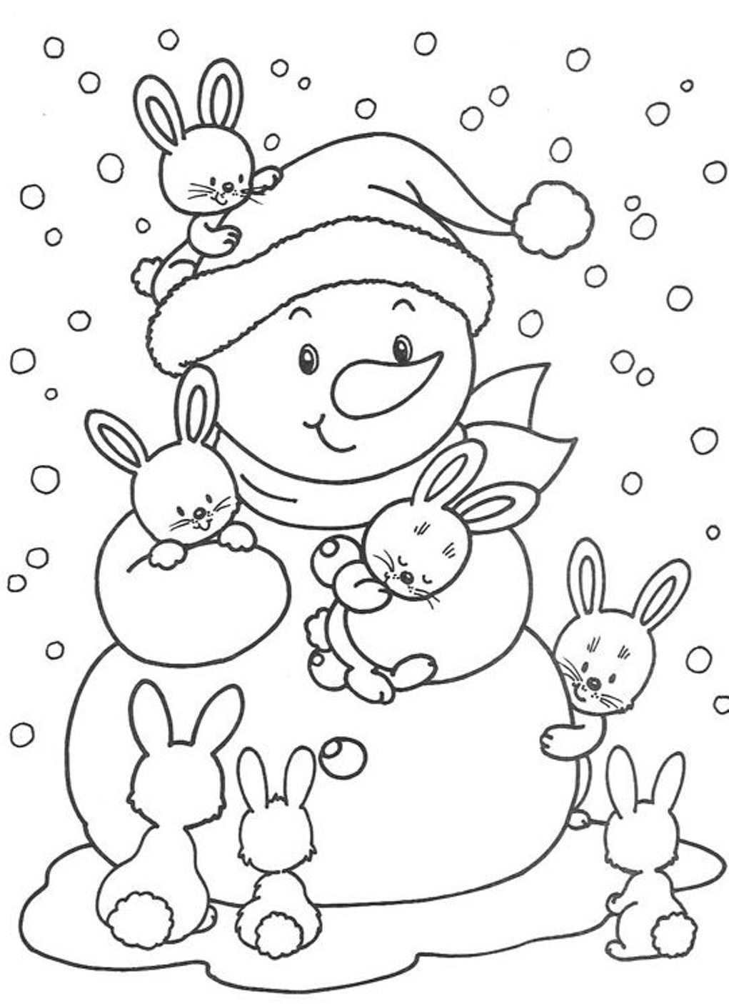 Un pupazzo di neve e tanti coniglietti disegno da colorare gratis