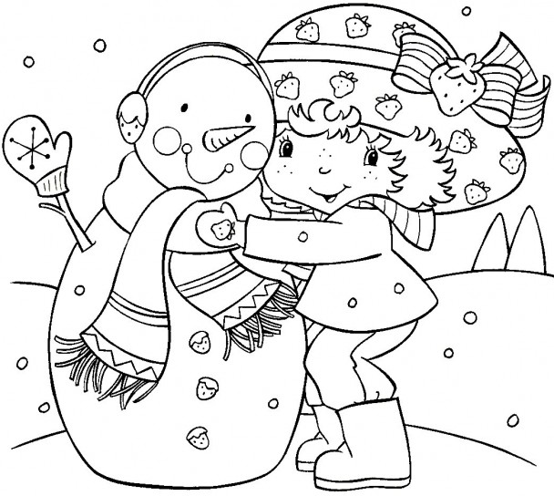 Una bimba e il suo pupazzo di neve disegno da colorare inverno