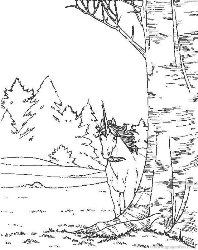 Unicorno dietro ad albero disegno da colorare