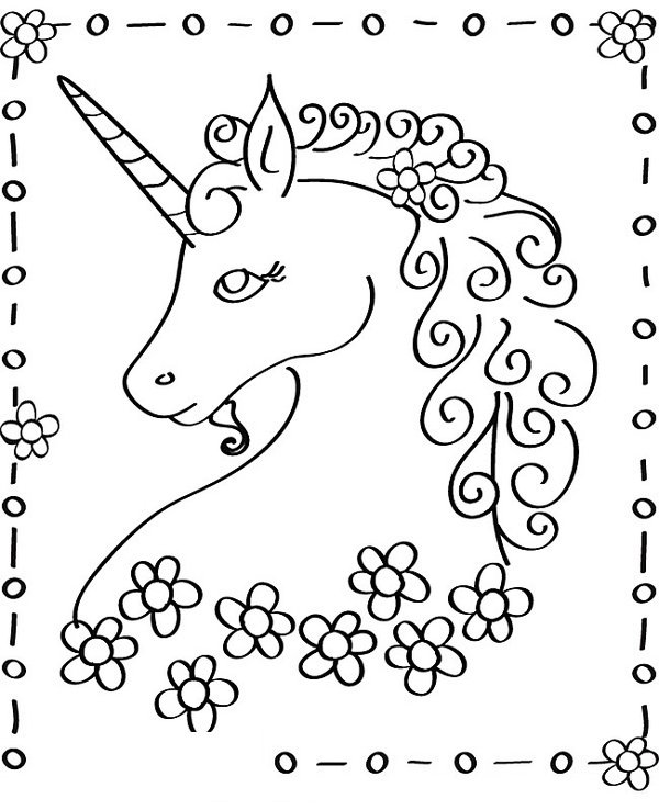 Unicorno in cornice di fiori margherite da colorare