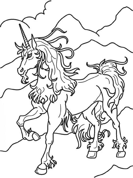 Unicorno tra i monti disegno da stampare e da colorare