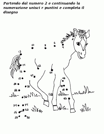 Unisci i puntini e completa il disegno il cavallo