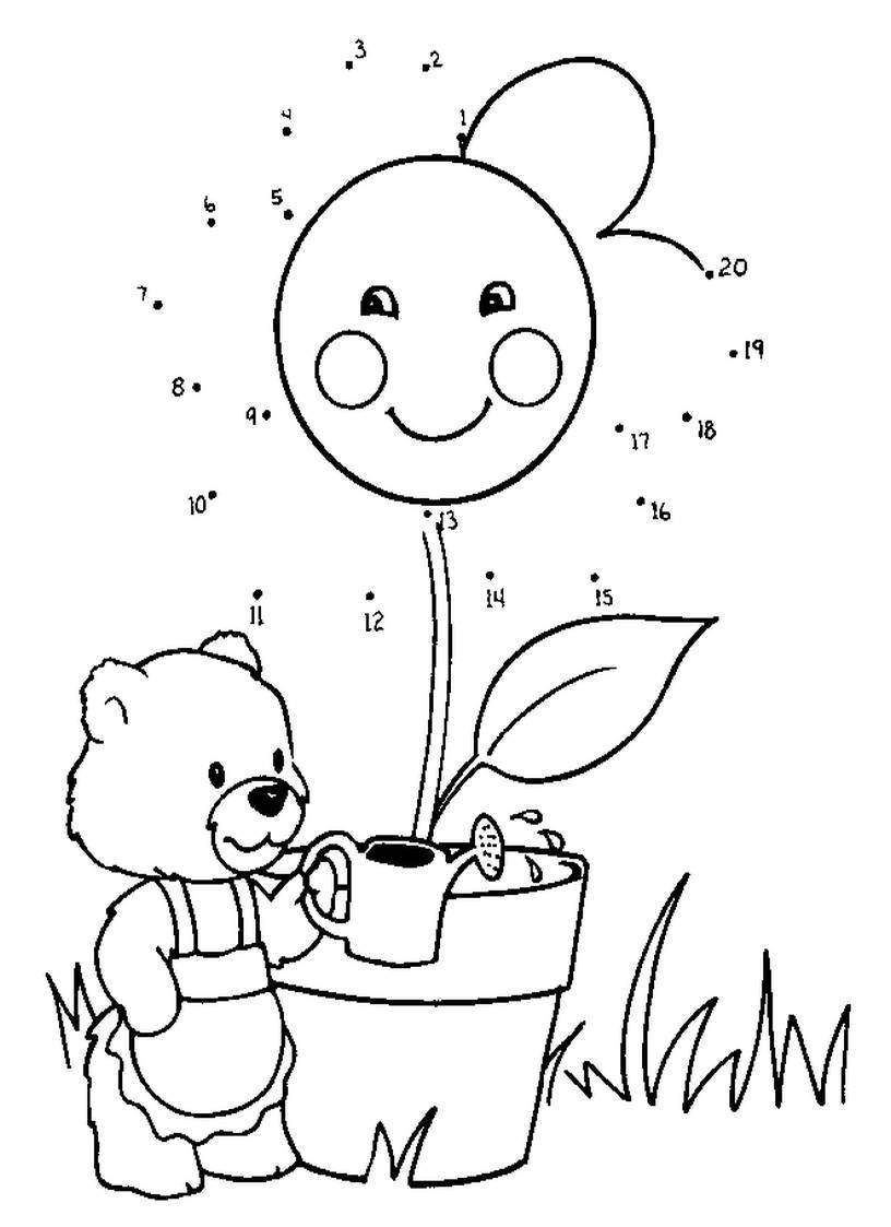 Unisci i puntini per bambini l’ orsetto giardiniere
