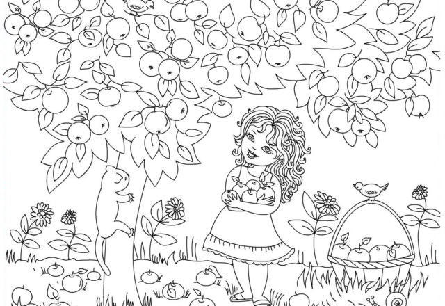 disegni da colorare bambina raccoglie le mele