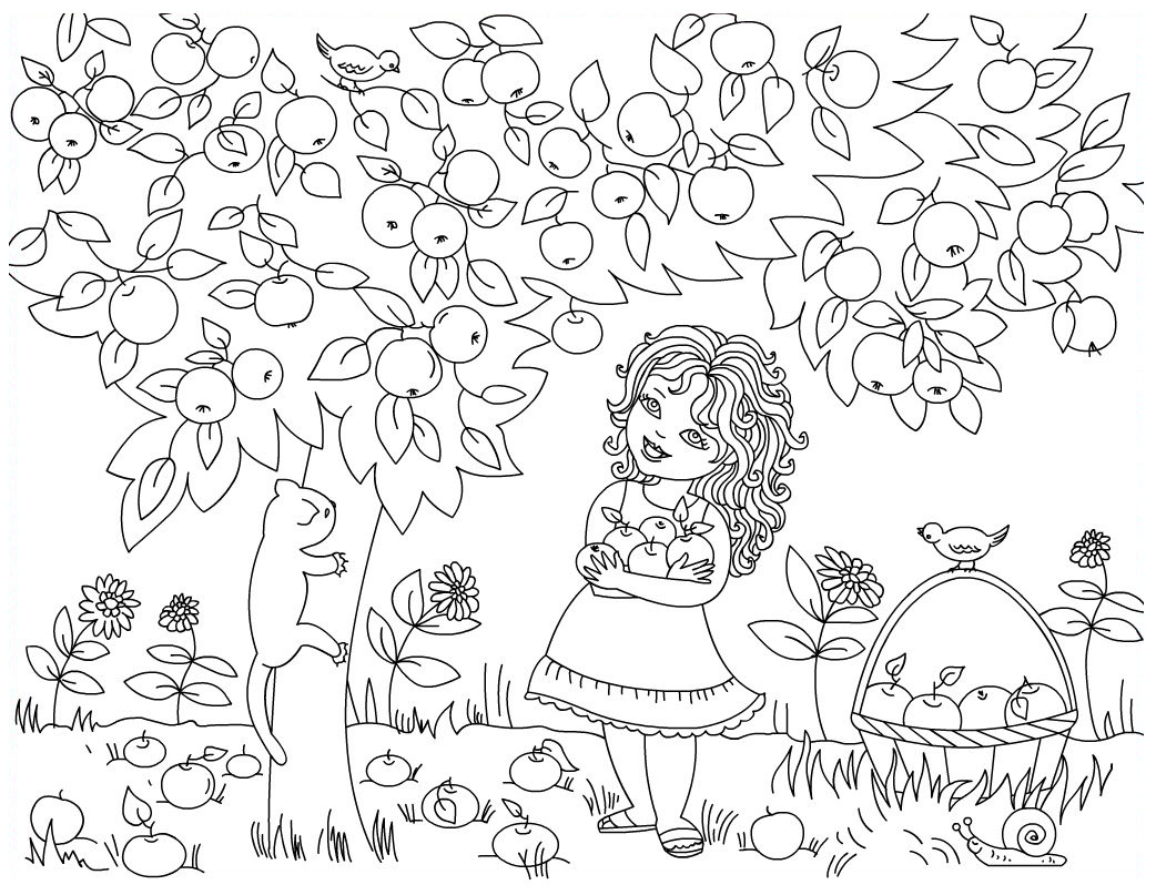 disegni da colorare bambina raccoglie le mele